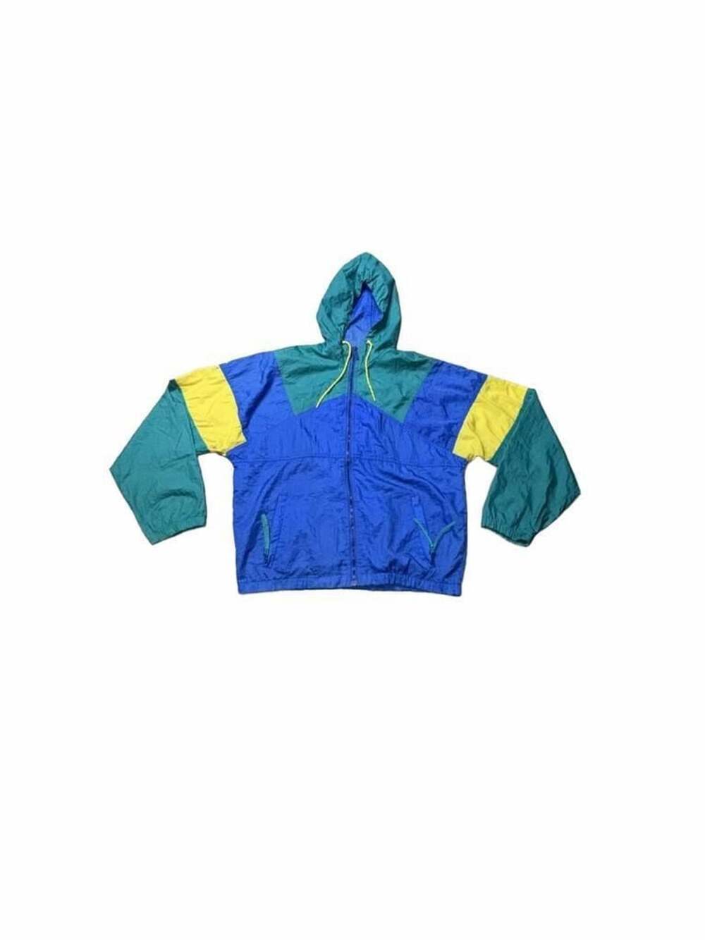 Windbreaker Jacket Vintage Colorblock Hooded Size L Blue Green Yellow